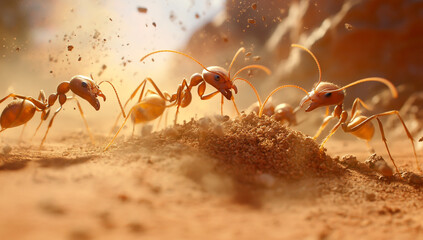 Fototapeta premium 3D Render of Brown Ants Collaborating to Build an Ant Hill