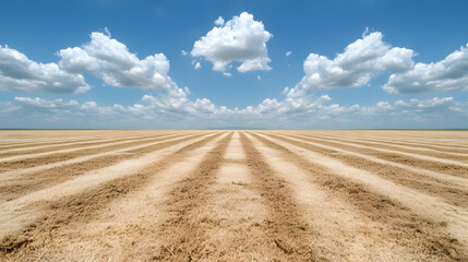 Obraz premium Flat sandy landscape, parallel lines, blue sky, clouds, summer