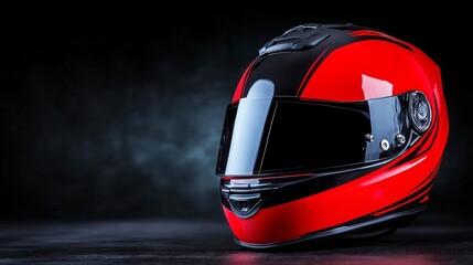 Stylish motorcycle racing helmet on dark background - A sleek motorcycle racing helmet with a striking red design, perfect for speed, safety