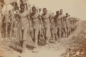 an old photo of poor, starving black slaves from colonial Africa being led in chains to hard labor on an American plantation, generative AI