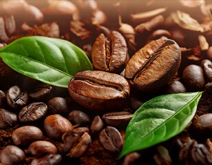 Obraz premium una mezcla de granos de cafe tostados con hojas de té e infusión
