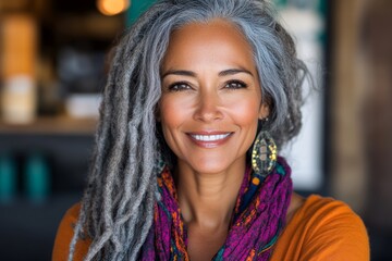 Portrait of a smiling middle-aged woman with gray dreadlocks, wearing a colorful scarf.