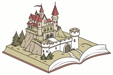 Fantasy castle, pop-up book, 3D illustration, intricate architecture, medieval fortress, magical towers, stone turrets, open book base, rocky cliff, detailed spires, enchanted library, storybook come 