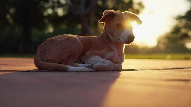 An Indian street dog puppy sits against the backdrop of a dawn sunset, its face bathed in a warm, golden glow.
