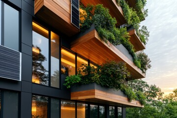 Fototapeta premium Modern eco-friendly apartment building with green balconies and solar panels. Sustainable living at its finest!