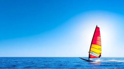 Windsurfing Sail Against Ocean Background - A vibrant windsurfing sail skims across shimmering ocean waters under a bright blue sky, symbolizing freedom, adventure, nature, sport, and relaxation.