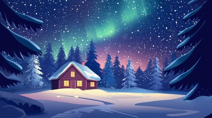 Naklejka premium Cozy winter scene with northern lights