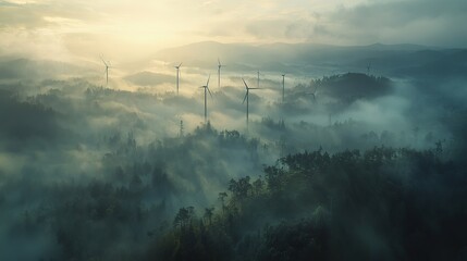 Wind Turbines in a Misty Forest Landscape