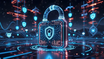 Digital Data Protection with Secure Padlock and Flowing Cyber Particles.