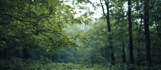 Obraz premium Lush green forest scene with dense foliage, creating a serene atmosphere in nature