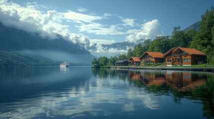 Fototapeta premium Scenic Lakeside Cabins And Cruise Ship In Mountains