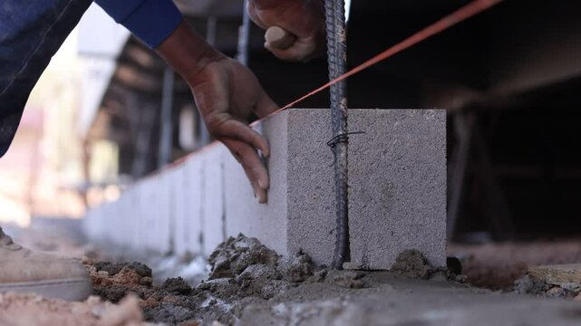 Construction worker hands installing concrete block, 3k, slow motion