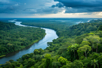 A breathtaking aerial view of a lush river winding through dense rainforest, under a dramatic sky filled with clouds.