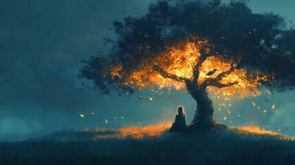 Obraz premium A lone woman sits beneath a glowing tree with a bird perched on the ground. Ethereal Landscape. Illustration