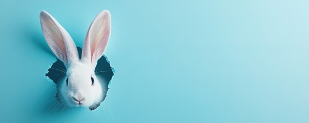 White rabbit ear on pastel blue background. Easter day. 3d rendering