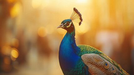 Majestic peacock displaying regally at sunset