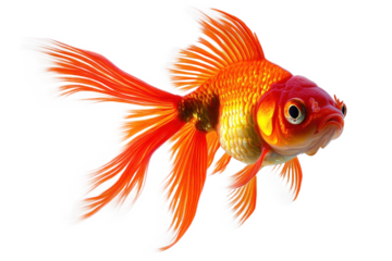 A vibrant goldfish with flowing fins glides through a transparent habitat, showcasing its bright orange and gold coloring against a light backdrop. The fish exhibits a lively demeanor