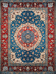 Top-down view of a Persian carpet with blue and red medallion