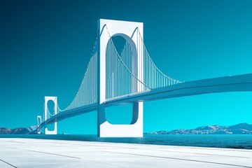 Fototapeta premium A modern white suspension bridge stands below, with tall columns holding numerous cables, stretching against a bright blue sky