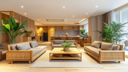 Fototapeta premium Modern Asian Living Room Interior Design with Rattan Sofas