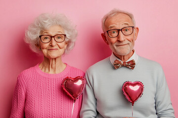 Portrait of a comical elderly couple in black-rimmed glasses, a man and a woman each holding a single heart-shaped pink foil balloon. Pink background, Valentine's day concept. 