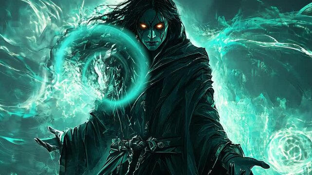 Powerful sorcerer conjuring magic with glowing hands and turquoise energy swirls