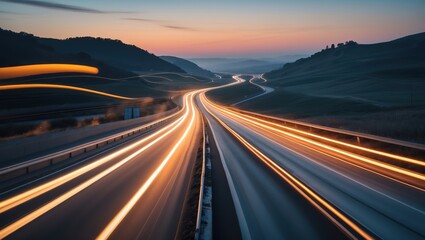 Obraz premium Dynamic light trails on highway at dusk surrounded by hills and twilight colors.