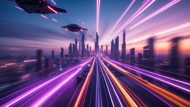 Futuristic city skyline at dusk with neon lights and hovering drones