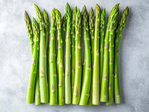 Fresh green asparagus spears are lined up in a neat arrangement against a light backdrop, highlighting their vibrant color and crisp texture. This fresh produce emphasizes healthy eating