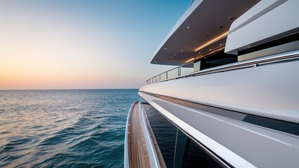 Fototapeta premium Elegant luxury yacht at sunset, surrounded by serene ocean waters.