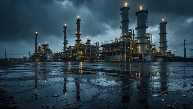 Industrial plant under stormy sky with reflections in puddles.
