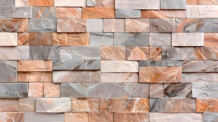 Obraz premium Earth-toned textured marble brick wall with mixed gray and brown tiles modern natural stone architectural design