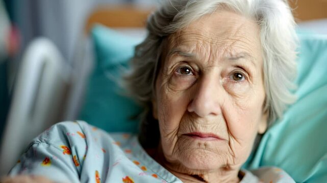 Sad serious Sick old lady lying at a hospital bed	
