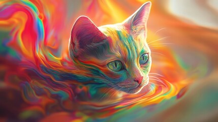 Rainbow Cat Illustration with Colorful Swirls3d animation