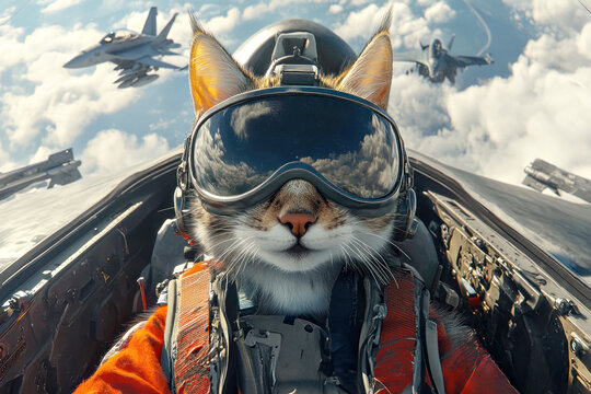 A valiant cat dons a flight helmet, confidently seated in a fighter jet cockpit. It navigates through a sky filled with fluffy clouds and other military jets soaring in formation