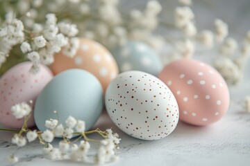 Fototapeta premium Delicate chicken eggs in pastel shades of blue, pink, and cream are embellished with dots. They rest among small white flowers, evoking a festive, springtime ambiance