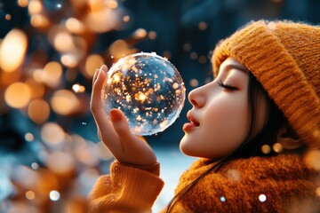 Naklejka premium Girl holding a glittering bubble in a winter wonderland with soft lights in the background during twilight