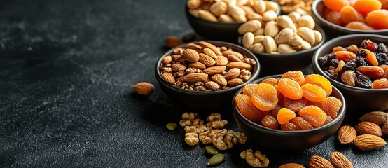 Fototapeta premium A vibrant display of dried fruits and nuts in bowls for Nowruz celebrations, AI generated image