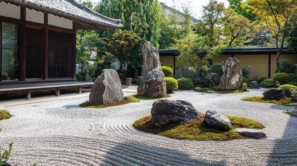 Fototapeta premium Japanese Zen Garden with White Gravel and Large Rocks 