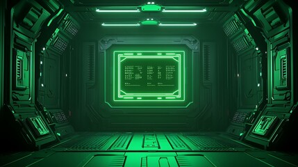 Fototapeta premium Futuristic Green Lit Corridor Shows Advanced Technology