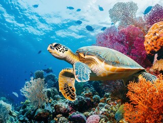 Obraz premium Green Sea Turtle Resting on a Colorful Coral Reef 