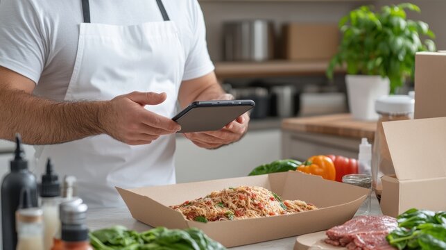 A chef is focused on utilizing a tablet to manage food delivery logistics while preparing a fresh meal in a contemporary kitchen. Ingredients and packaging are neatly organized
