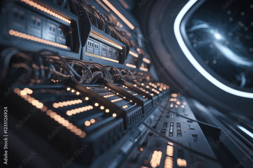 Poster futuristic server room with intricate wiring and glowing lights, possibly on a spaceship.