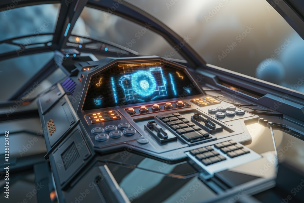 Poster Futuristic spaceship control panel with glowing digital display and various buttons, knobs, and a keyboard.