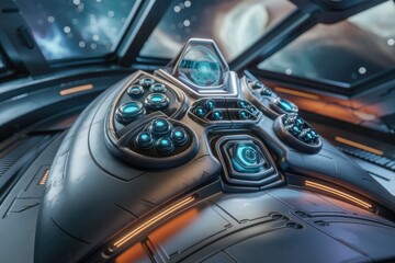 Futuristic spaceship control panel with glowing buttons and a central display, viewed from inside the cockpit.