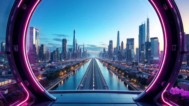 A futuristic car for a sightseeing tour of the city of the future. Zoom in on the city neighborhoods. Video Ai