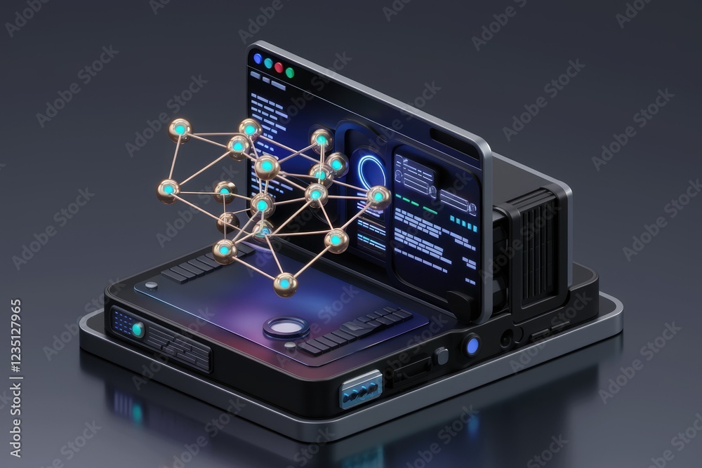 Aufkleber Futuristic computer displaying a 3D network model, representing data connectivity and complex systems.