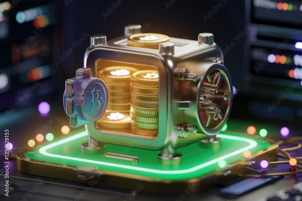 Poster A miniature vault securely stores stacks of Bitcoin cryptocurrency, symbolizing digital asset security and blockchain technology.