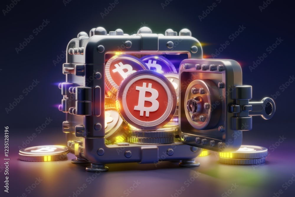 Poster bitcoin cryptocurrency securely stored in a vault, symbolizing digital asset safety and security.