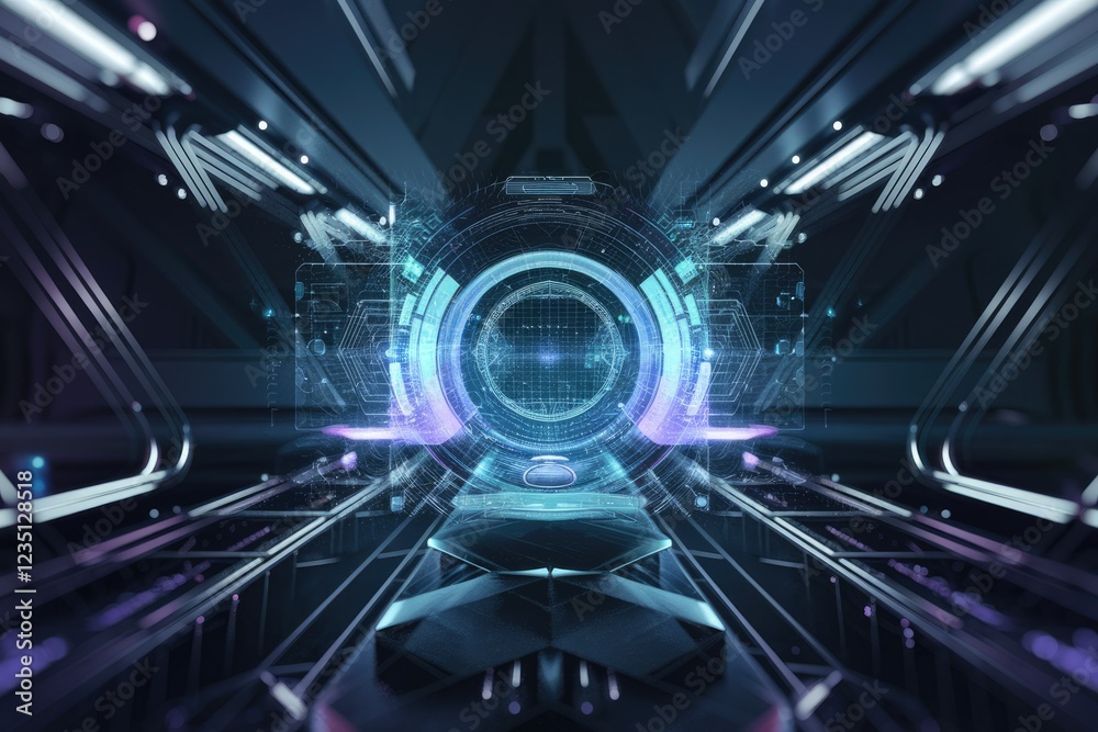 Aufkleber futuristic spaceship corridor with glowing holographic interface and advanced technology.